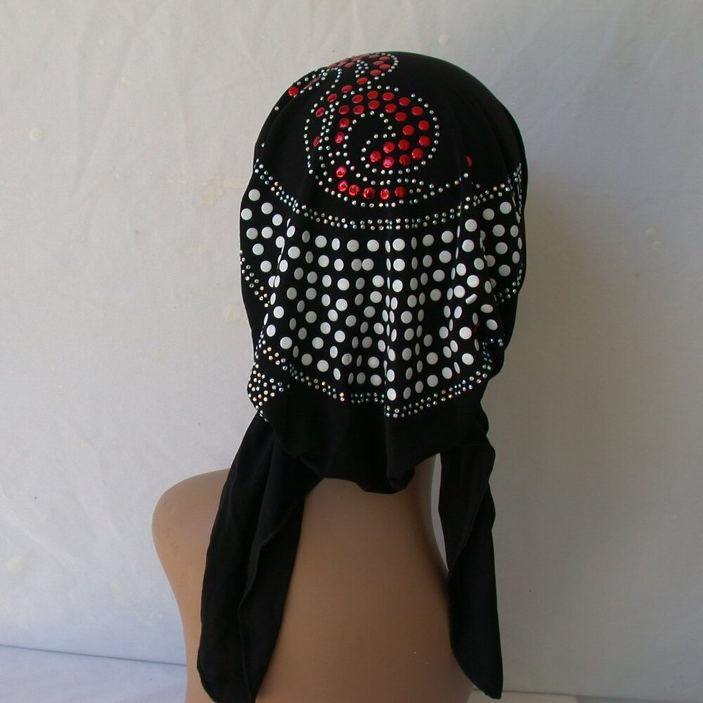 BLACK Pre-Tied Stud Chemo Cap Slip On Bonnet Hijab Undercap # 7